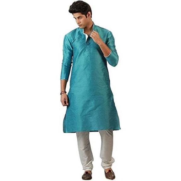Royal Kurta Men's Self Jacquard Silk Contrast Piping Kurta Churidar Blue