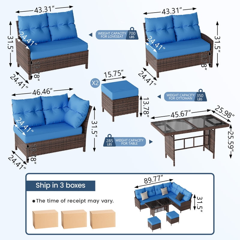 AMOPATIO 7-Piece Patio Furniture Set, Outdoor Sectional Sofa with Dining Table, All Weather Rattan Conversation Set with Ottoman, Navy