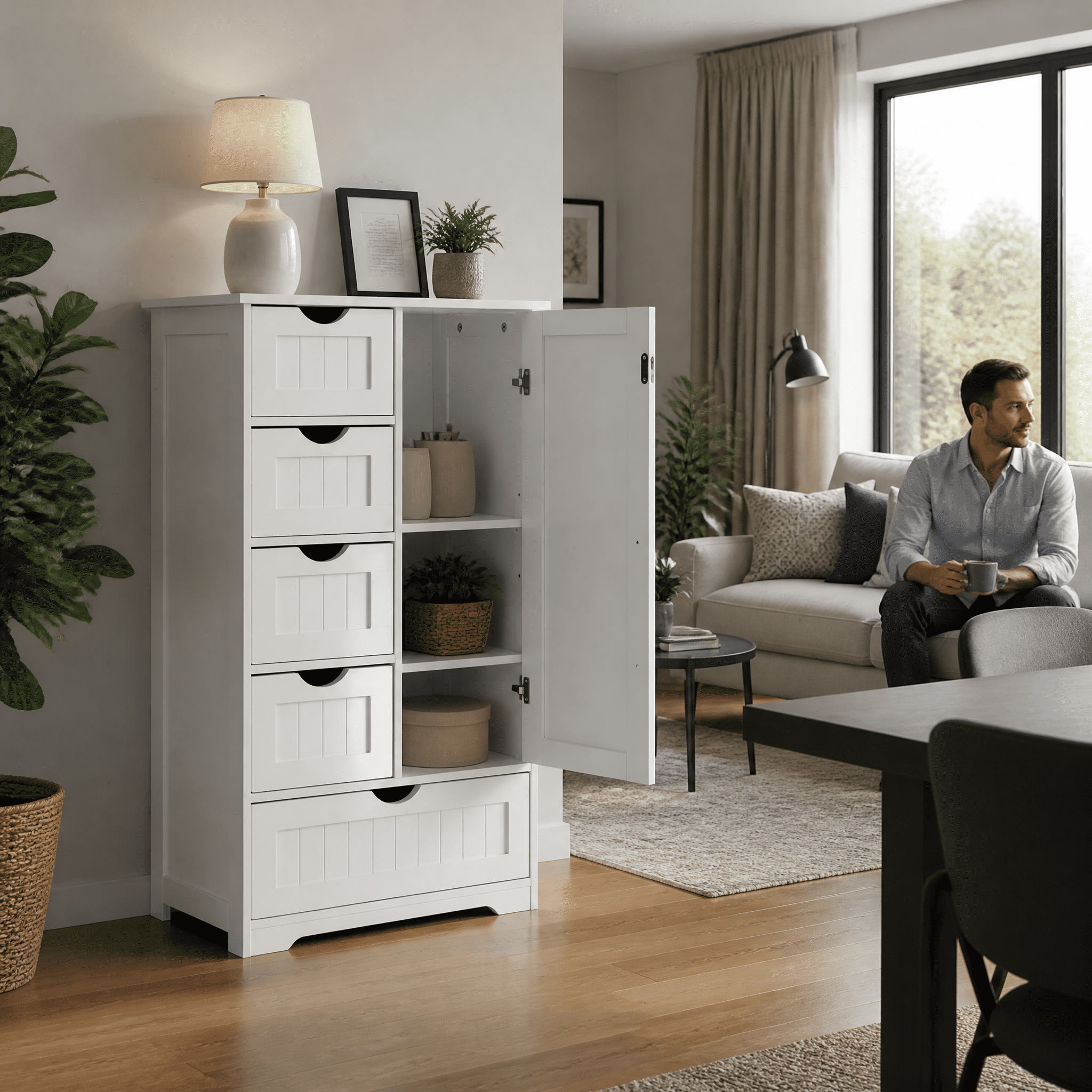Elegant Vertical Grain Bathroom Cabinet 4 Small Drawers 1 Large Drawer 1 Lower Cabinet Particle Board for Powder Room Master Bathroom