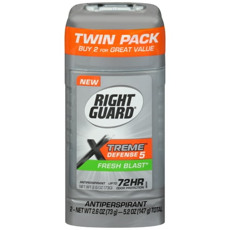 Right Guard Xtreme Defense 5 Antiperspirant Deodorant Invisible Solid Stick, Fresh Blast, 2.6 Ounce (Pack of 2)