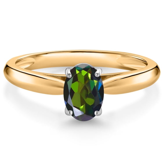 Gem Stone King 10K Yellow Gold Tourmaline Green Mystic Topaz Solitaire Engagement Ring for Women (0.80 Cttw, Oval 7X5MM, Gemstone Birthstone, Size 5)