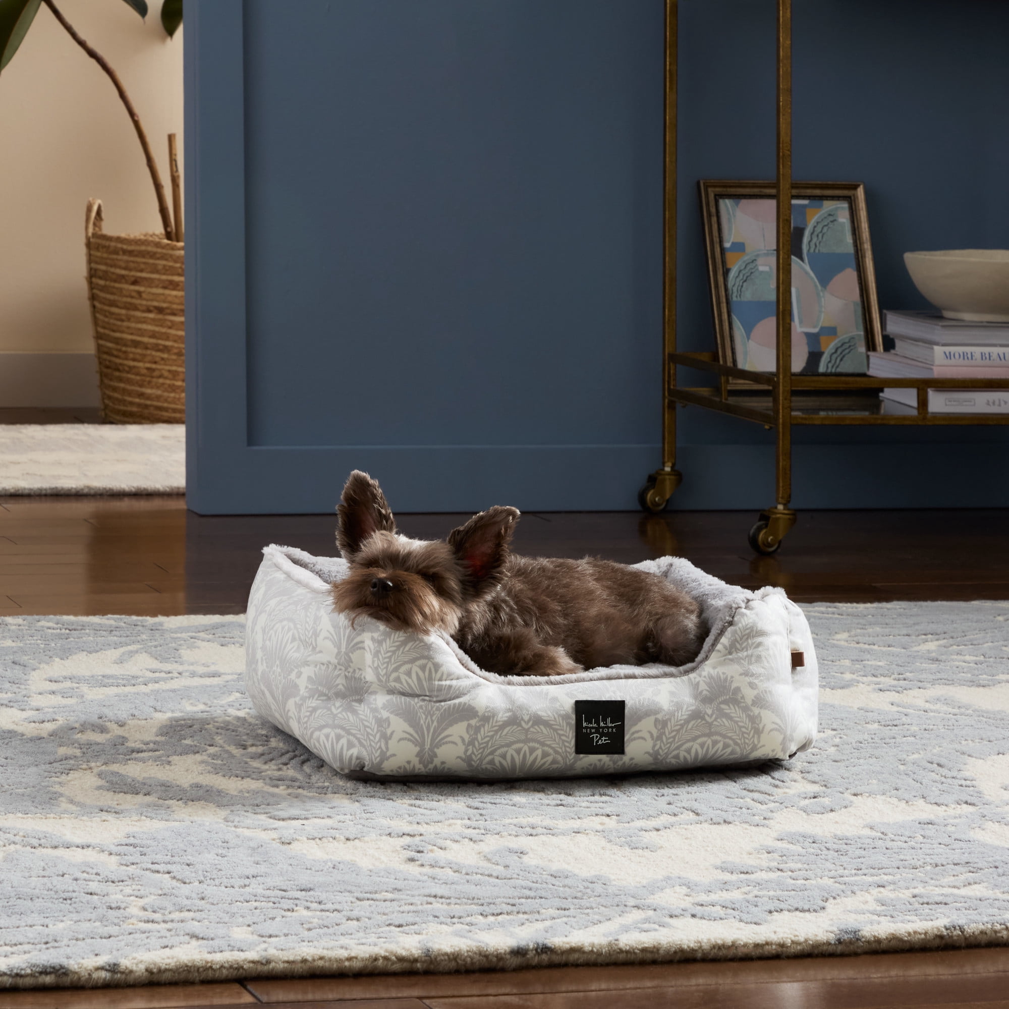 NICOLE MILLER NEW YORK PET Mod Damask Plushy Bolster Pet Bed, Cozy & Calming, Water Repellent, Non-Slip Bottom, 100% Machine Washable, Blue, Extra Small 19"x15"x6"