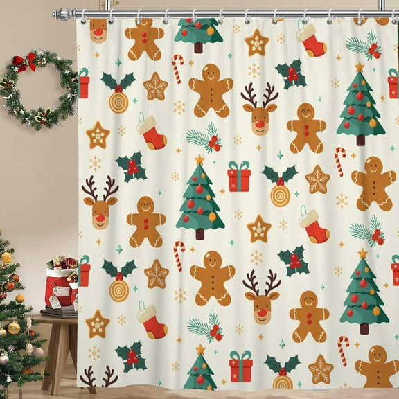 Christmas Tree and Deer Shower Curtain for Bathroom,Farmhouse Waterproof Fabric Bath Curtain with Hooks,72"x72"