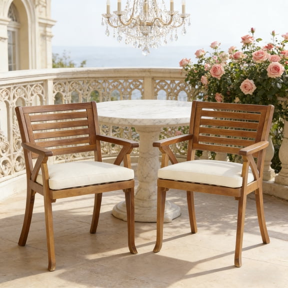 Teak Finish Acacia Wood Outdoor Dining Chairs (Set of 2) - Water-Resistant Cushions, 400lbs Capacity