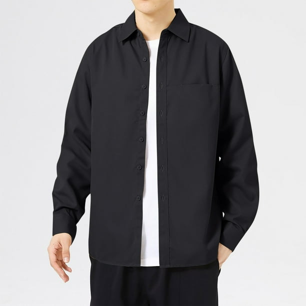 Blusa y camisa de manga larga con cuello vuelto para hombre, informal, de color liso, con botones, de manga larga y cuello vuelto, de poliéster.