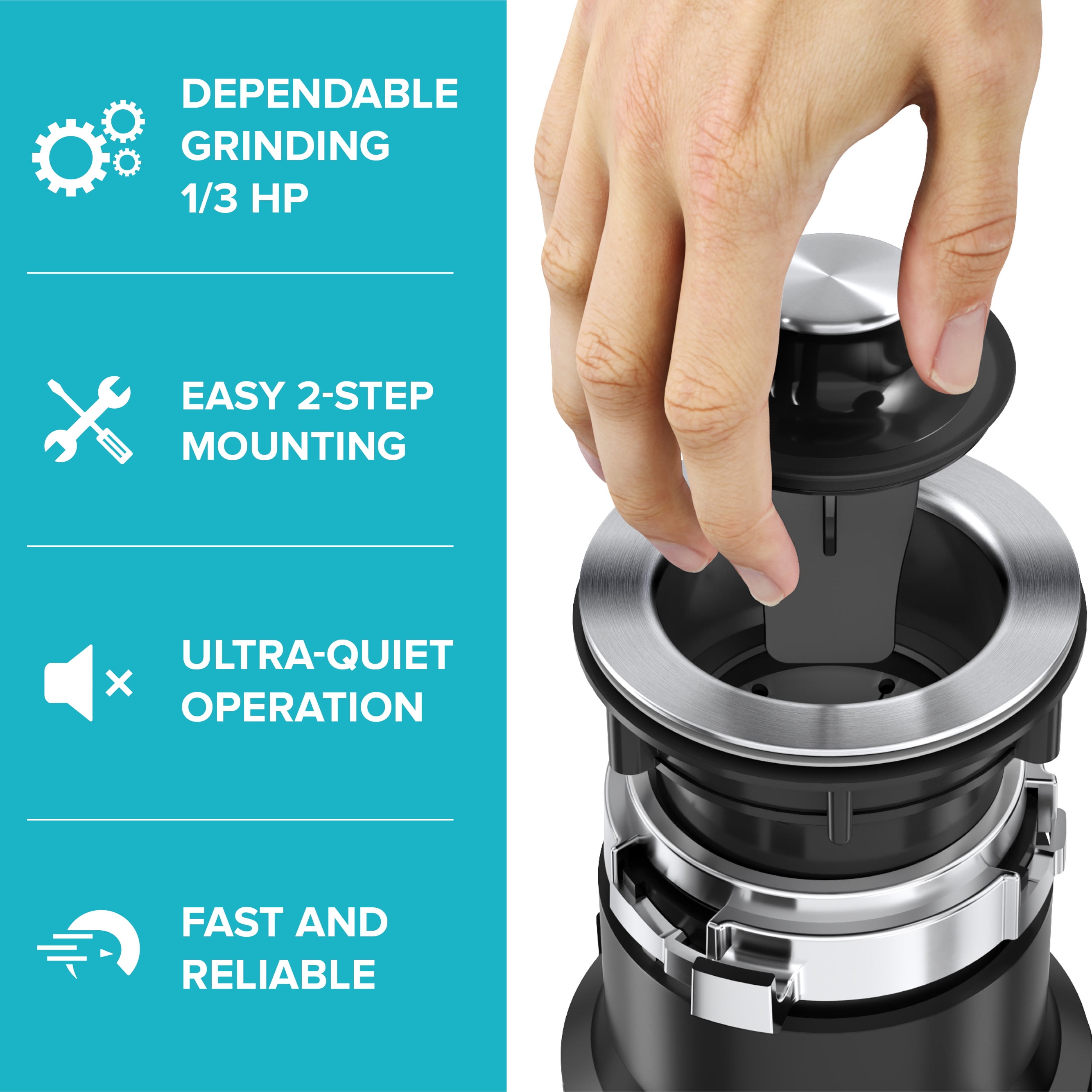 Open Box KRAUS WasteGuard High-Speed 1/3 HP Continuous Feed Ultra-Quiet Motor Garbage Disposal with Quick Connect Mount, Power Cord and Flange Included