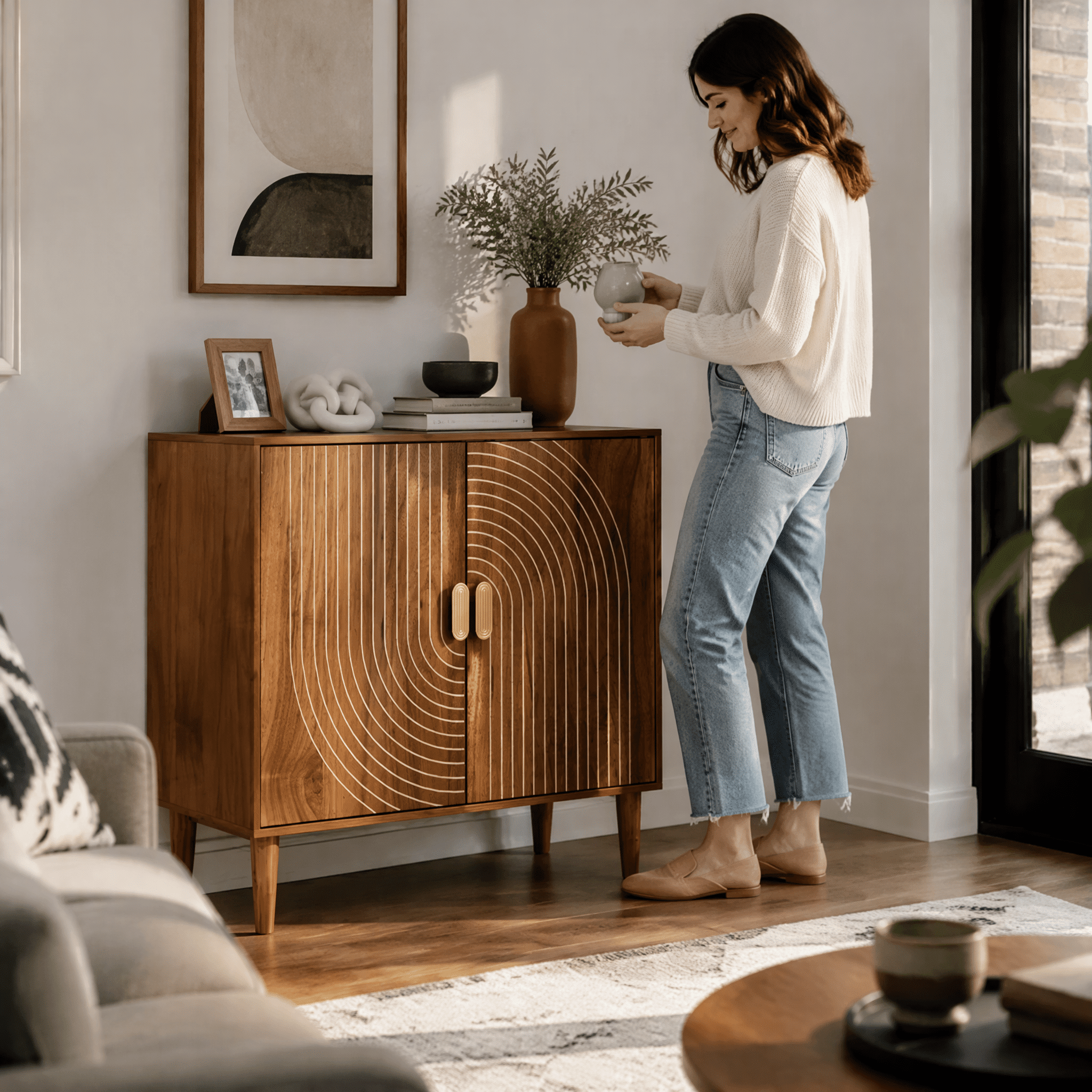 Buffet Cabinet with Line Groove Design, Sideboard Buffet Cabinet With Storage, Multifunctional Accent Cabinet for Living Room, Entryway, Hallway, Office, Kitchen, Walnut Wood