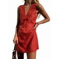 thumbnail image 2 of Women'S Summer Sleeveless Mini Dress Cotton Linen V Neck Cinched A Line Slim Tank Short Dress Red L, 2 of 8
