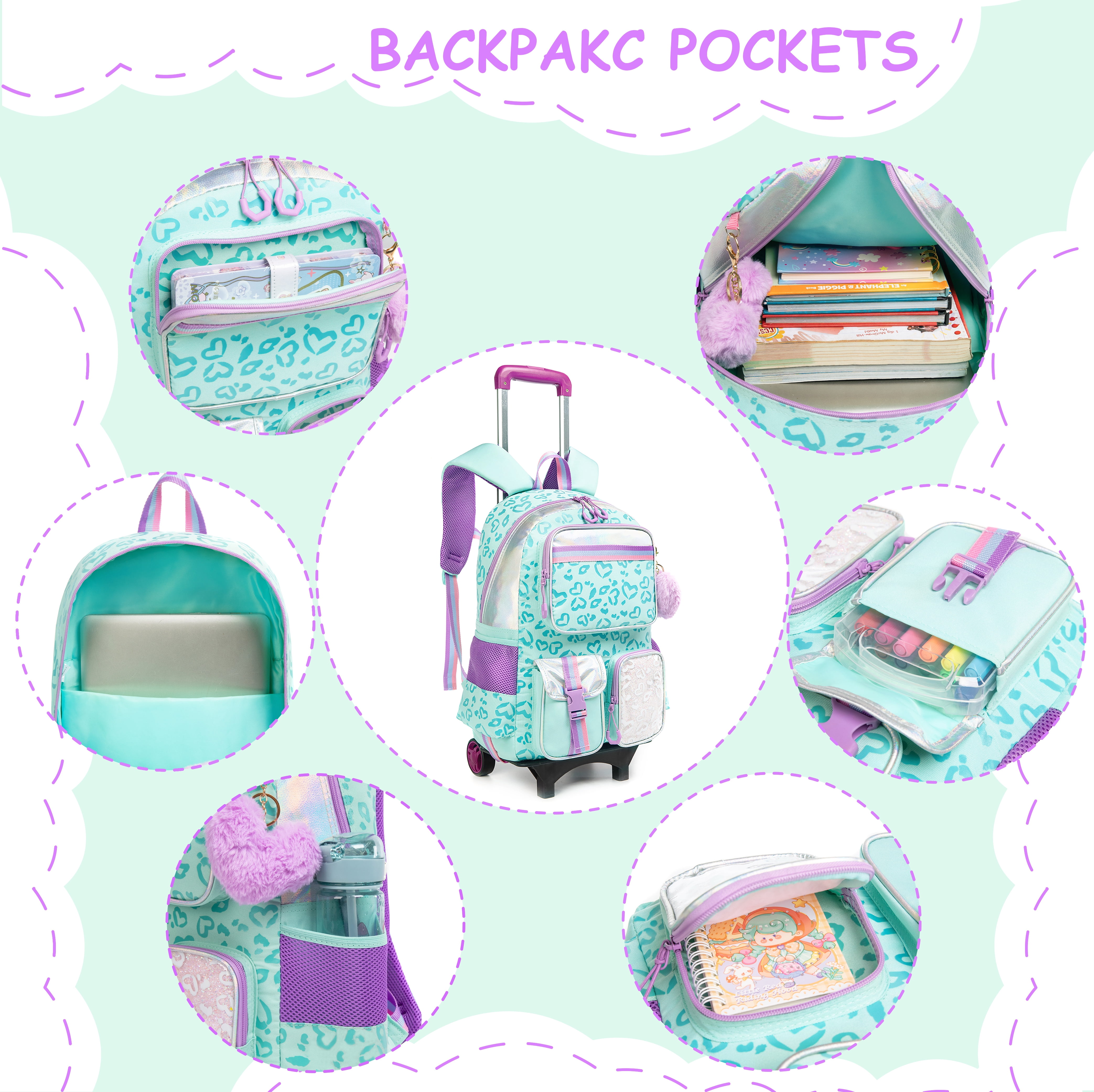 Kids Rolling Backpack with Wheels for Girls Teen,Trolley Roller Luggage with Wheels for Elementary School Students Bookbag
