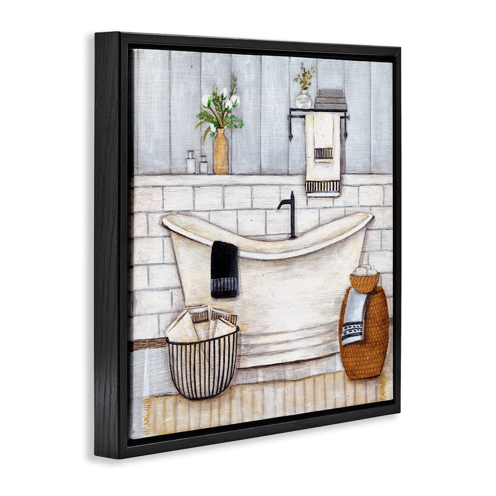 Stupell Industries Bathroom Farmhouse Style Tub Abstract Painting Black Floater Framed Canvas Art Print Wall Art, 25 x 25