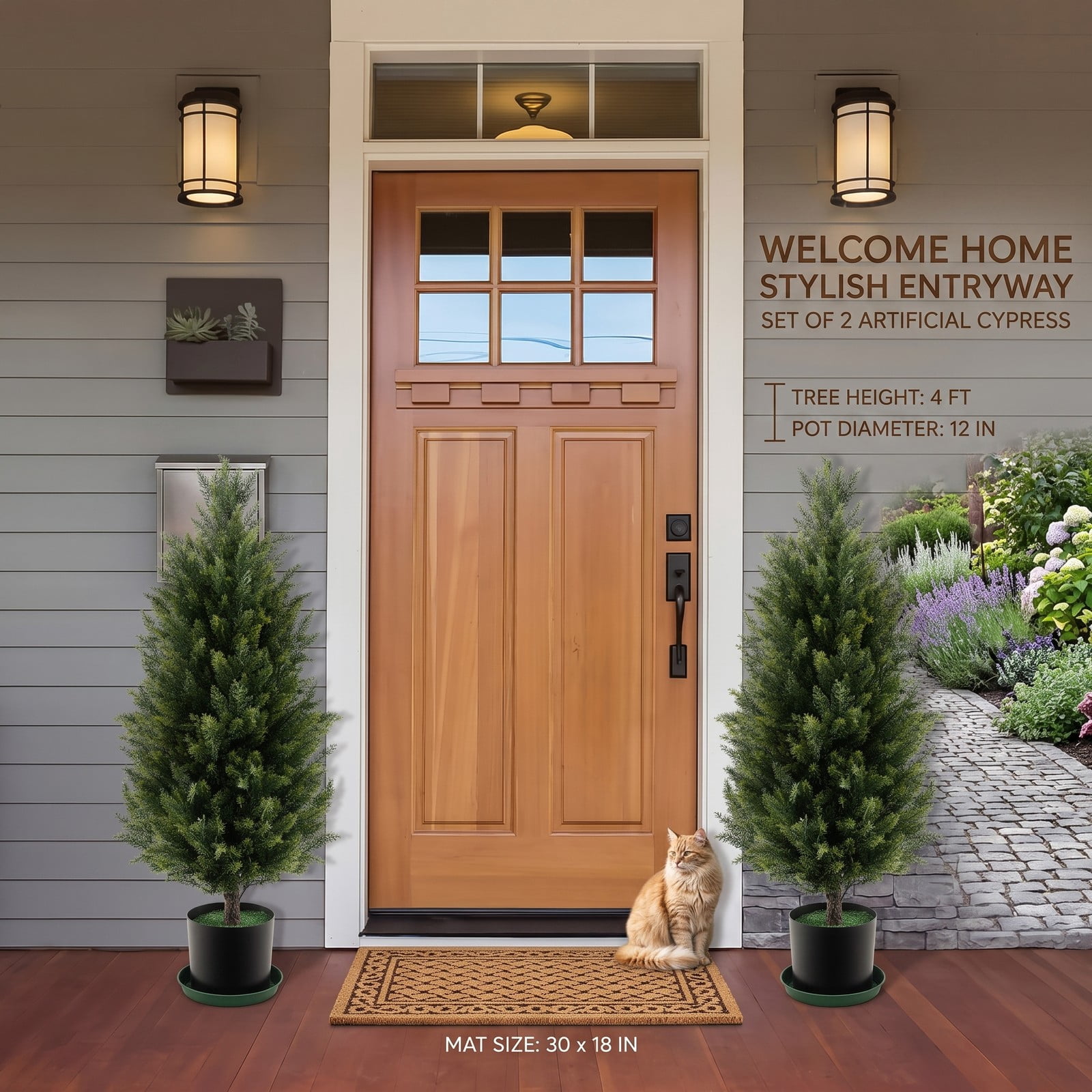 ALPULON 3 Feet Artificial Cedar Topiary Tree, Faux Cypress Plant with Cement-Filled Plastic Pot and Realistic Moss for Indoor Outdoor Home Office Entryway Decor, Green