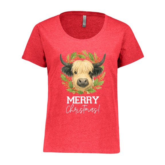 Inktastic Highland Cow Merry Christmas Holiday Graphic Women's Plus Size T-Shirt