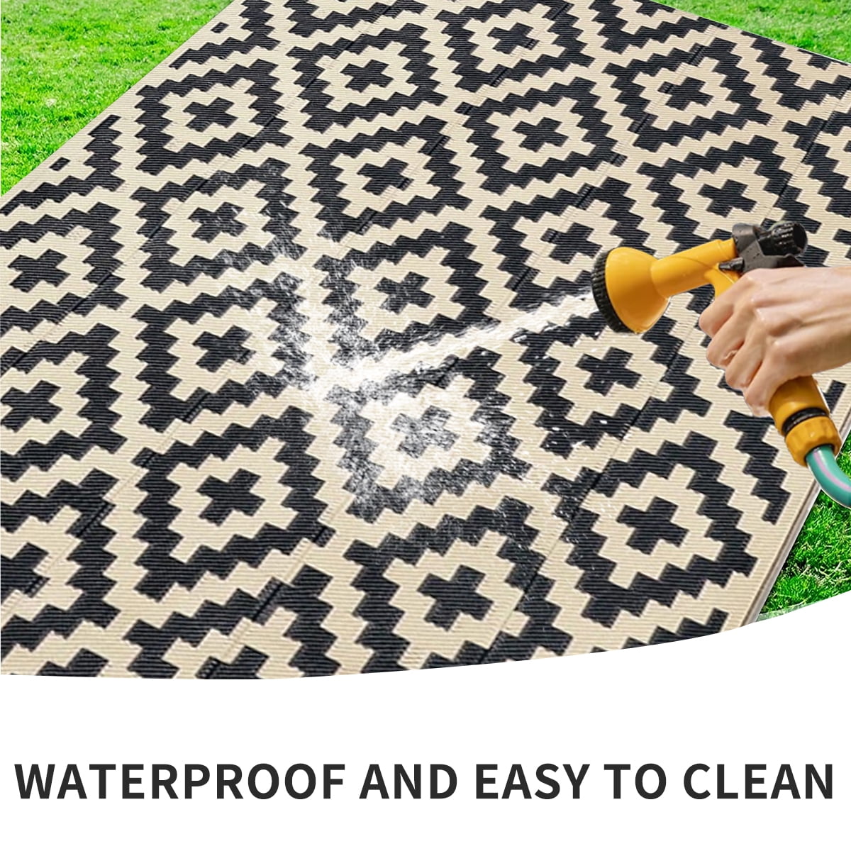 Kzaei Waterproof Outdoor Rug, 4'x6' Reversible Plastic Camping Area Rugs, Black & Beige