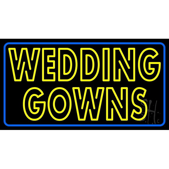 Double Stroke Wedding Gowns Blue Border LED Neon Sign 13" Tall x 24" Wide - inches, Black Square Cut Acrylic Backing, with Dimmer - Premium built indoor Sign for Storefront, Store interior, Studio.