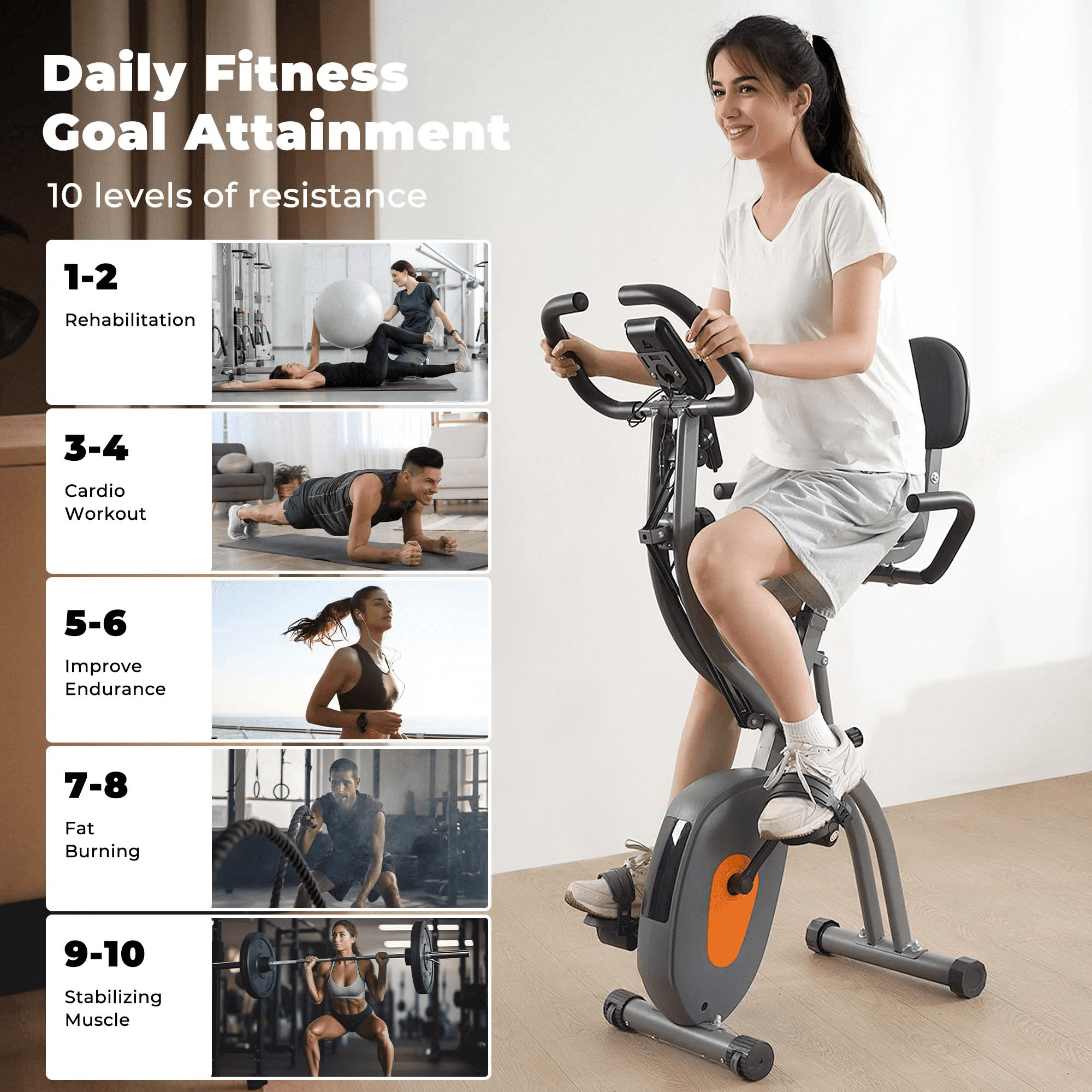 Naipo Folding Exercise Bike 4 in 1 Magnetic Stationary Recumbent Bike 10 Level Resistance for Home Use with Arm Resistance Bands