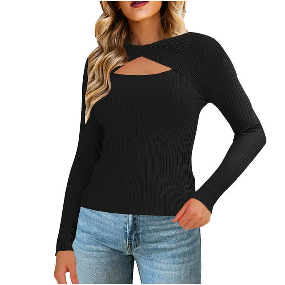 Htigea Women's Cutout Sweaters Ribbed Knit Long Sleeve Stretch Slim Fit Pullover Lightweight Fall Base Layer Tops Black XL