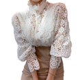 thumbnail image 1 of Women’s Lace Long Puff Sleeve Top Stand Collar Pearl Button Solid Color Blouse Shirt, 1 of 5