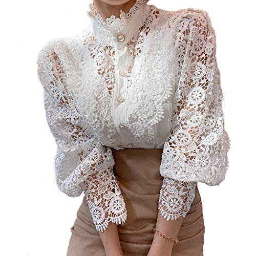 Women’s Lace Long Puff Sleeve Top Stand Collar Pearl Button Solid Color Blouse Shirt