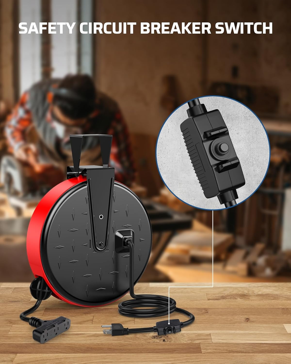 30 Ft Retractable Extension Cord Reel, Ceiling or Wall Mount 16/3 Gauge SJTW Power Cord with 3 Electrical Outlets Pigtail for Garage and Shop, 10 Amp Circuit Breaker, Metal Plate, UL Listed