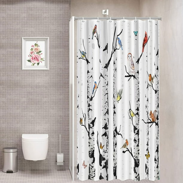 Bird Fabric Shower Curtain, White Black Birch Tree Forest Shower