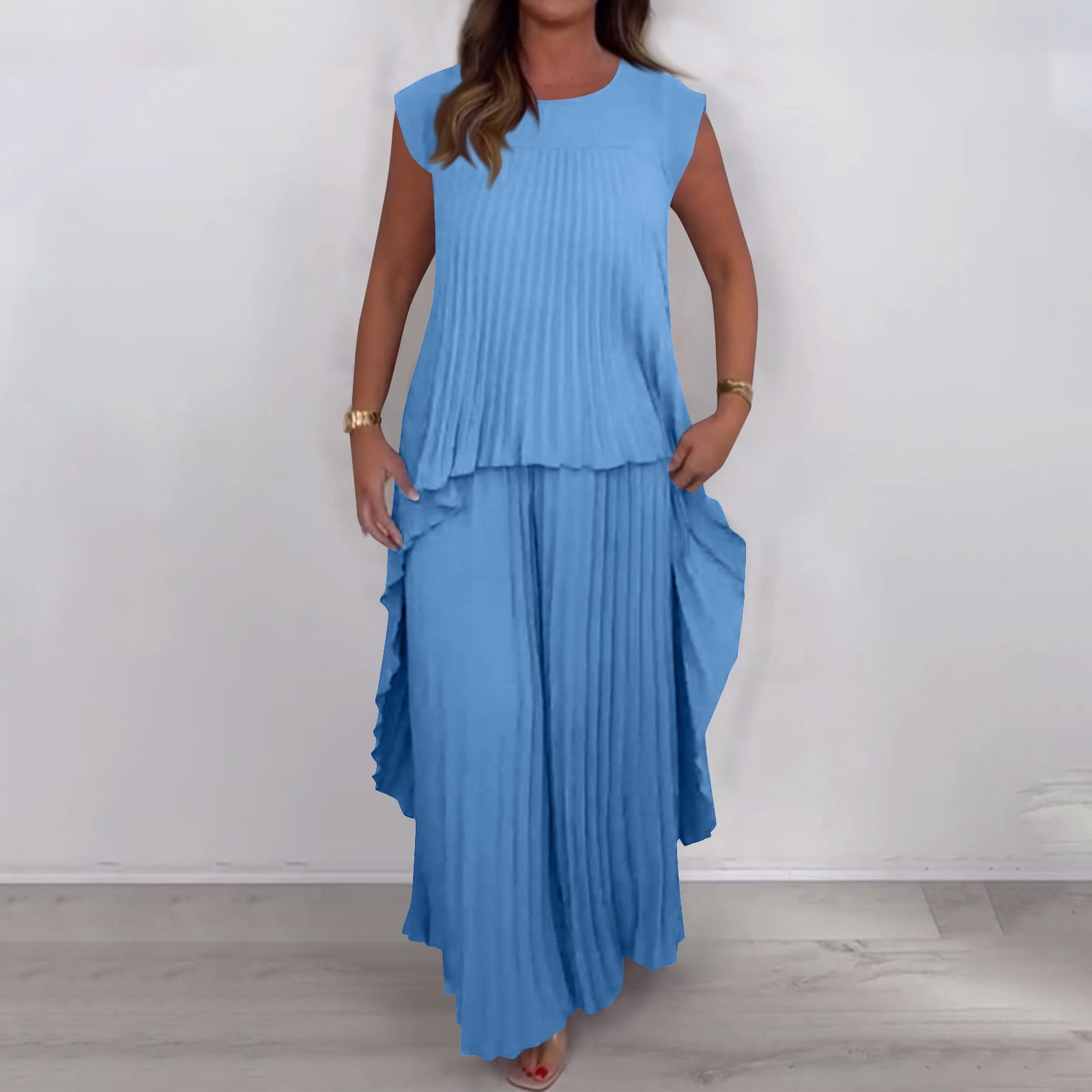 2 Piece Outfits for Women Dressy Pleated Wide Leg Pants Set - Asymmetric Hem Loose Tunic Tops Matching Lounge Sets