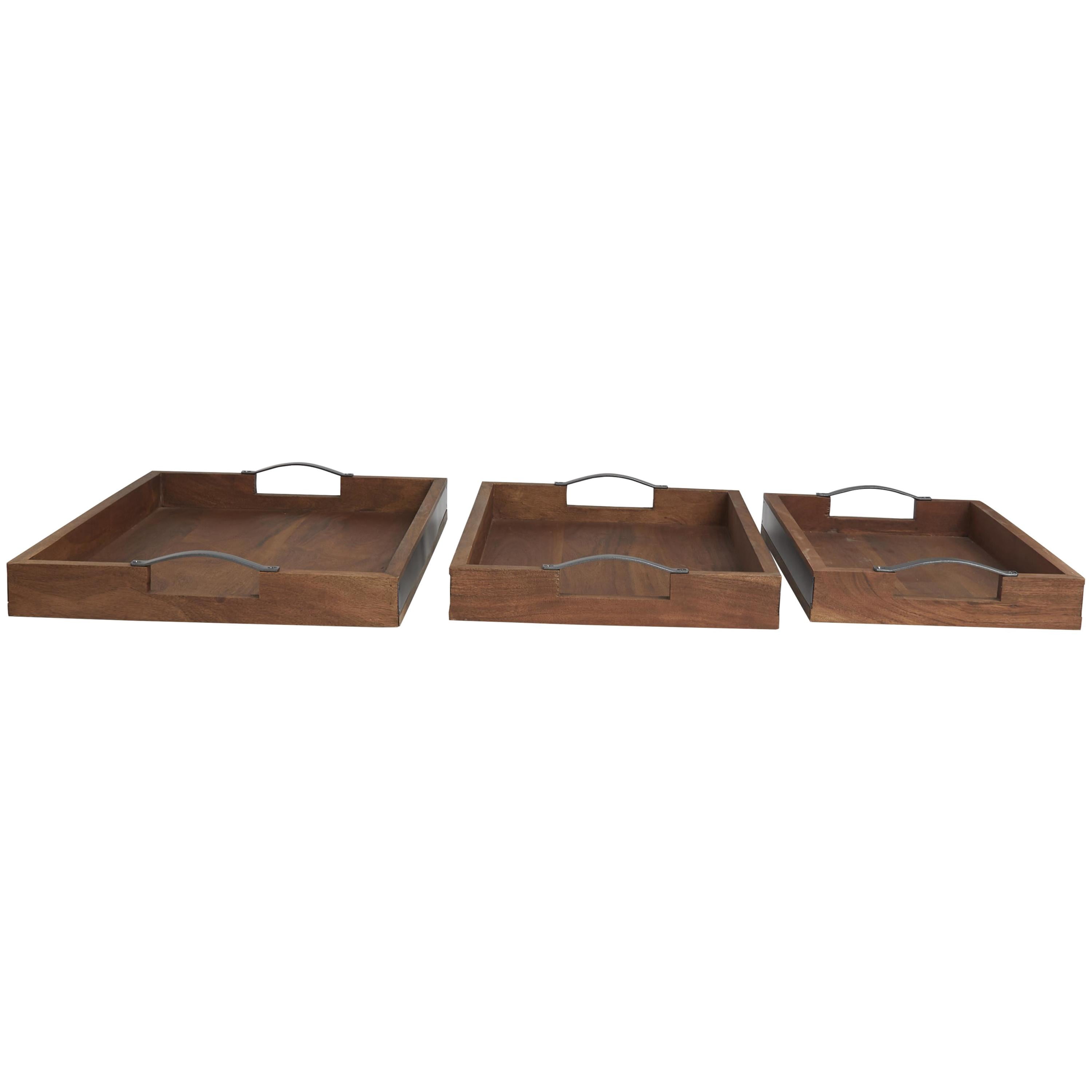 DecMode 18", 20", 16"W Brown Wood  Tray with Black Metal Handles, 3-Pieces