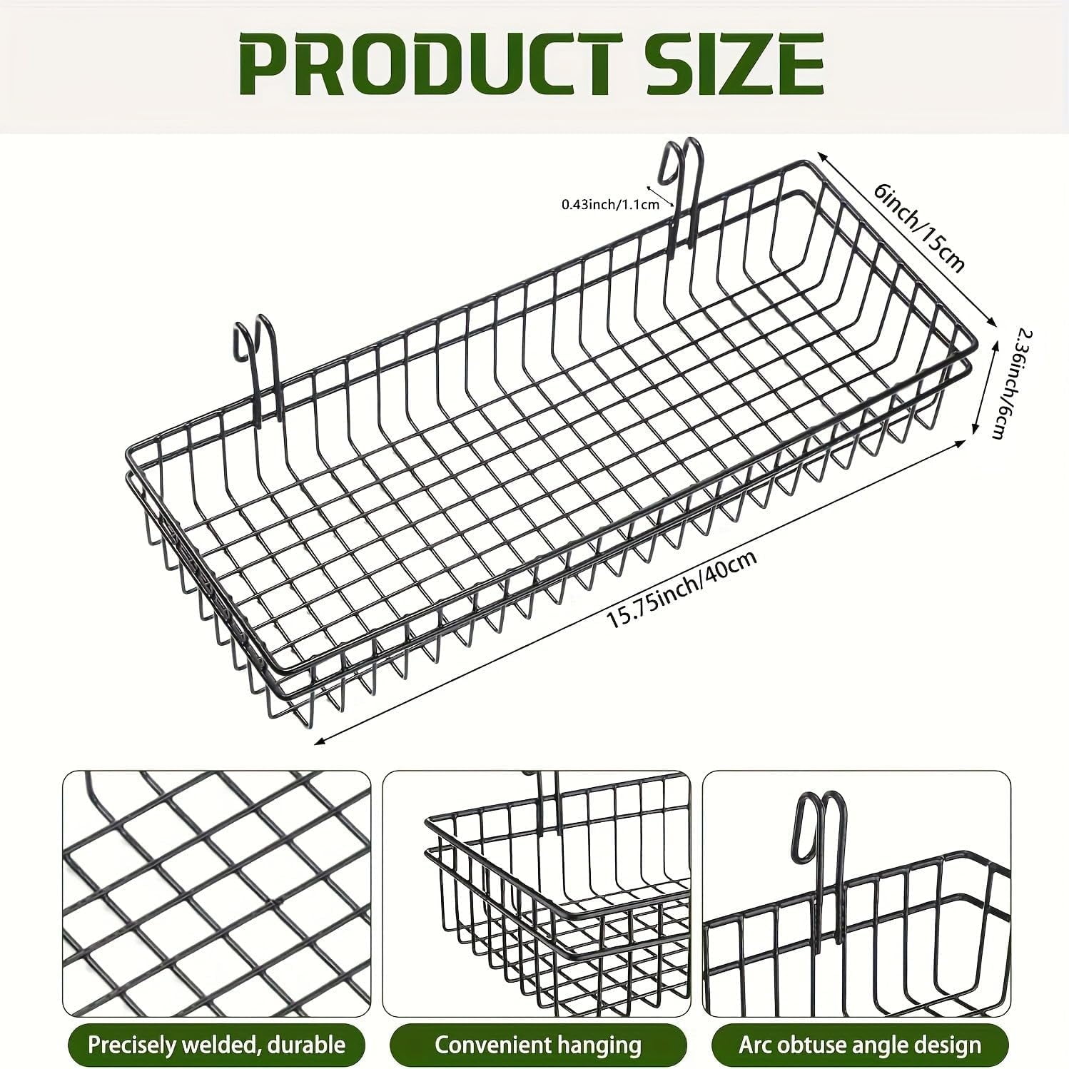 4 Pack 15.75 x 6 x 2.36 Inch Metal Grid Wall Baskets with Hooks, Hanging Wire Grid Basket, Multi-Function Wall Mounted Organizer for Kitchen Garden Organizing Display, Black