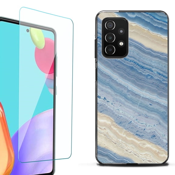 Slim-Fit Flexible TPU Gel Phone Case (black) for Samsung Galaxy A52 5G, with Tempered Glass Screen Protector, by OneToughShield ® - Marble/ Marina Blue