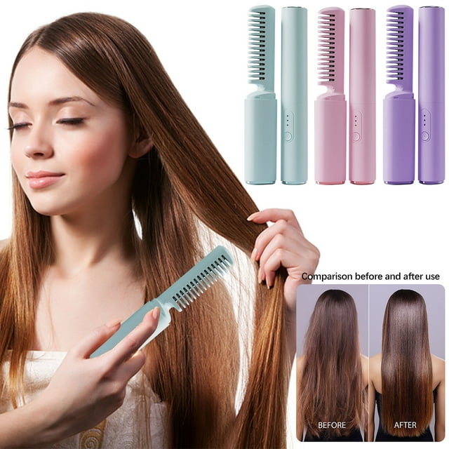 Peine portátil para alisar el cabello - Plancha y rizador inalámbricos para viajar, calefacción rápida de 30W, batería de 1500mAh, temperatura ajustable de 160-200°C
