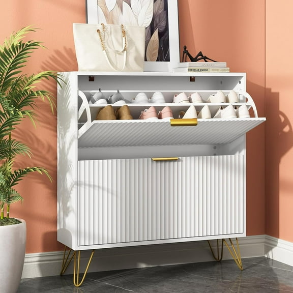 Shoe Storage Cabinet with 2 Flip Drawers, 31.5" W Fluted Shoe Cabinet for Entryway, Hidden Shoe Cabinet Storage, Narrow Free Standing Shoe Orgnaizer Rack Cabinet for Foyer Hallway, White