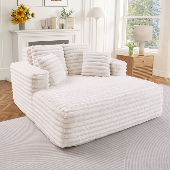 Muumblus Oversized Chaise Lounge Chair Indoor Furniture, No Assembly Required, Plush Corduroy Upholstered Sofa Bed Cozy Sleeper Couch for Living Room, Bedroom, Beige White
