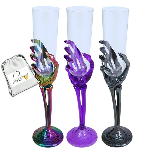 (3 ) Halloween Skeleton Hand Plastic Champagne Flutes, 10.25in Spooky Reusable Tall Wine Goblets Gothic Iridescent Purple Black Drinkwares Table Party Props Supplies Creepy Display Color May Vary