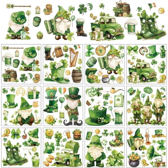 12 Sheets St. Patrick's Day Rub on Transfers for Crafts Clover Shamrocks Gnome Rub for DIY Home Furniture Window Wood on Transfer Stickers PVC Rub on Decal 14x14cm