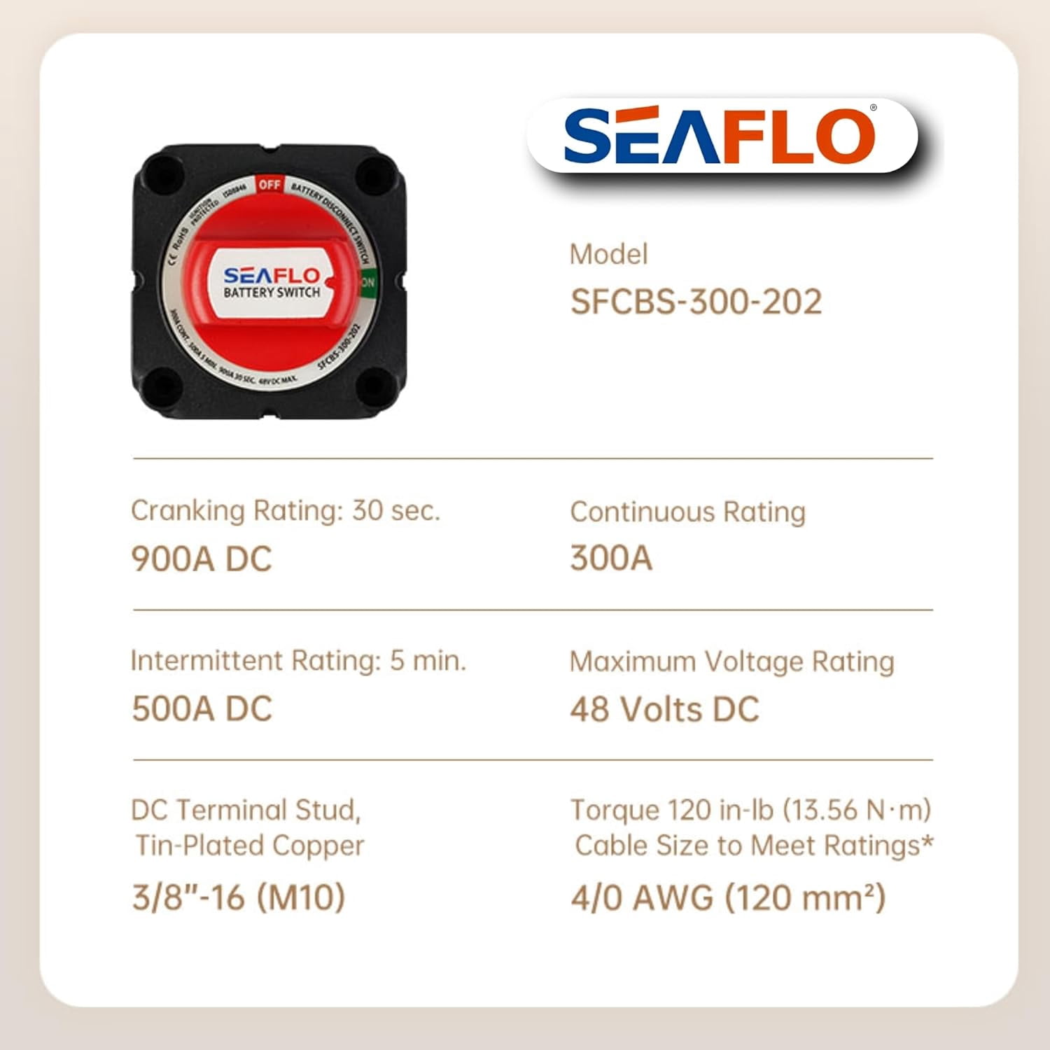 SEAFLO 300A Battery Disconnect Switch – 12V/24V/48V Heavy-Duty Isolator Switch, Single Circuit ON/Off, IP66 Waterproof, Auto, Marine, Boat, RV, Car, ATV – CE & RoHS Certified (On/Off |2-Pack)