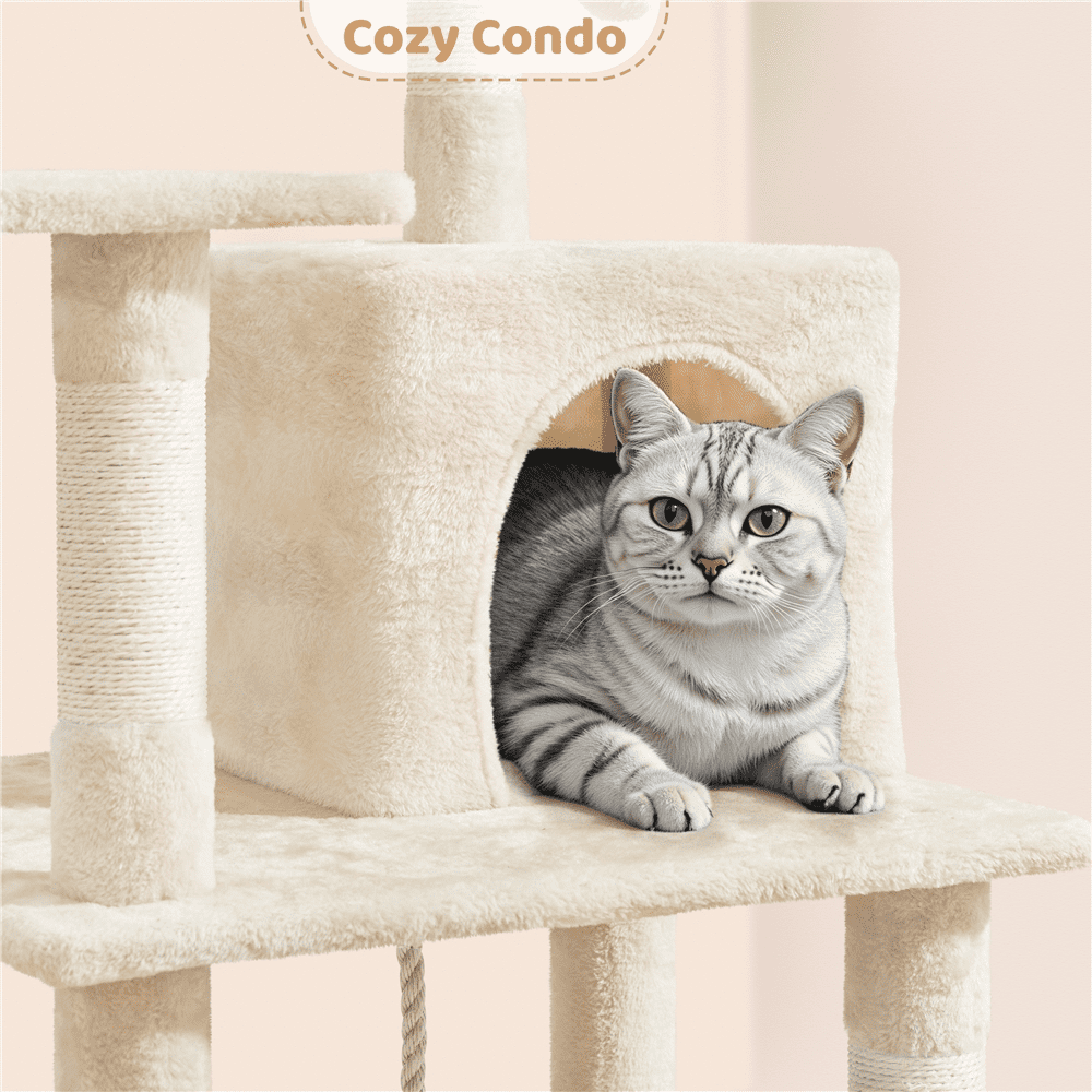 Yaheetech 63 Inch Multilevel Cat Tree with Hammock and 7 Scratching Posts, Beige