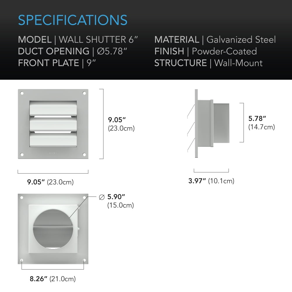 AC Infinity Wall Mount Duct Shutter, 6” Outdoor Louver Gable Vent Hood for Home Attic Grow Tent HVAC Systems