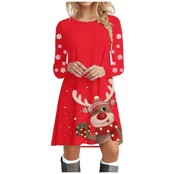 Christmas Dress Christmas Outfits for Women Christmas Womens Long Sleeve Crew Neck Deer Printed Soft Dress Fashion Party Swing Dress