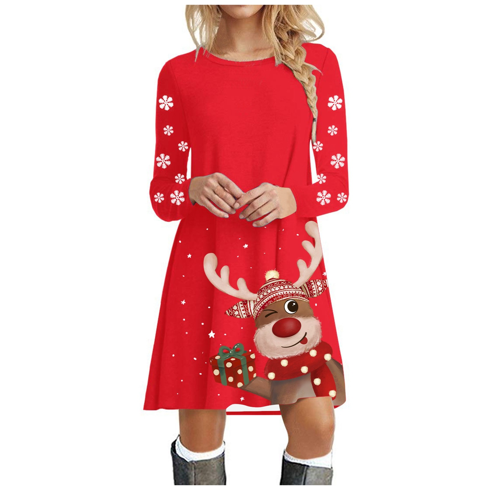 Robe De Noël Femme Grande Taille Rouge - Imprimé Renne - Style Tunique Pull - Pour Fêtes Et Casual