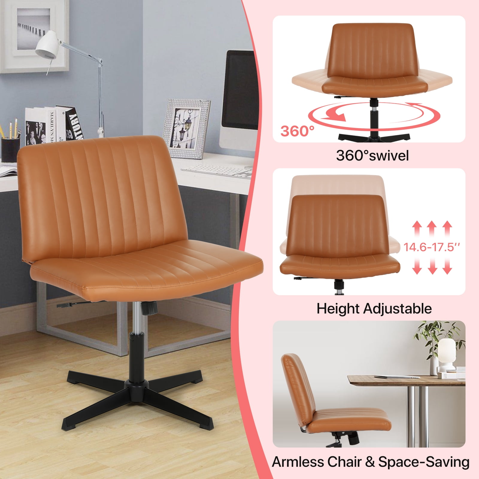 Criss Cross Chair, Armless  Vanity Chair Cross Legged Office Chair,  Adjustable Wide Swivel Desk Chair for Home Office No Wheels, Brown
