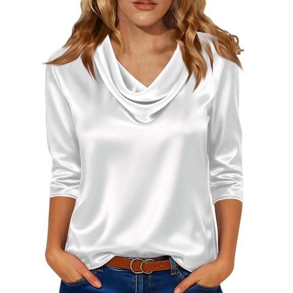 Women's Tops 3/4 Sleeves Business Casual Dressy Elegant Blouses Loose Shirts White XL
