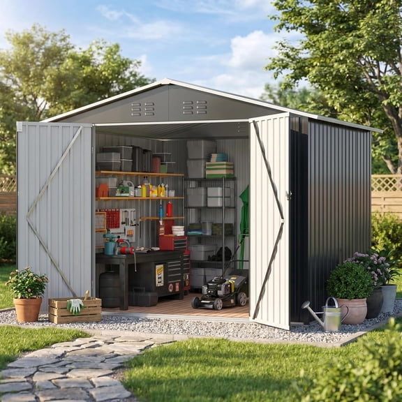 MUCHANT 6'x8' Outdoor Metal Storage Shed with Updated Frame Structure and Lockable Doors, Steel Garden Tool Sheds for Backyard, Patio, Lawn, White