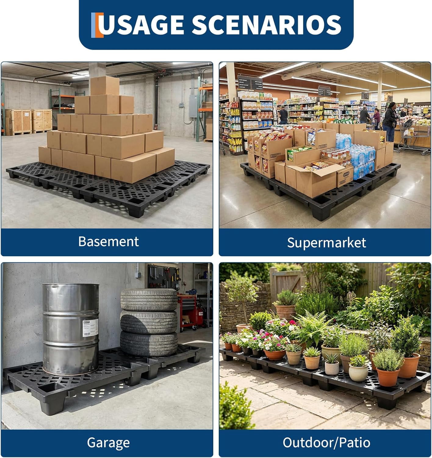 4 Pcs Lightweight Nestable Plastic Pallets - 23.6" x 15.8" Floor Pallets for Storage, Heavy Duty Waterproof with Ventilated Grids, Ideal for Warehouse, Garage, Basement, and Indoor Outdoor