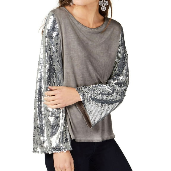 I.N.C Womens Sequined Sleeve Pullover Blouse, Grey, X-Large