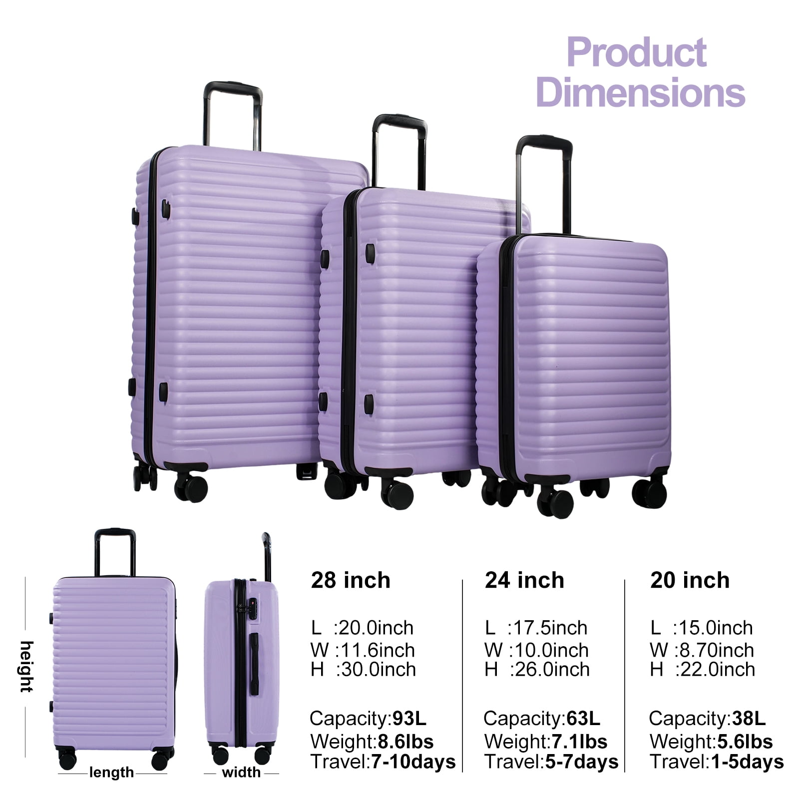 Travelhouse 3 Piece Hardside Luggage Set Hardshell Lightweight Suitcase with TSA Lock Spinner Wheels 20in24in28in.(Light Purple)