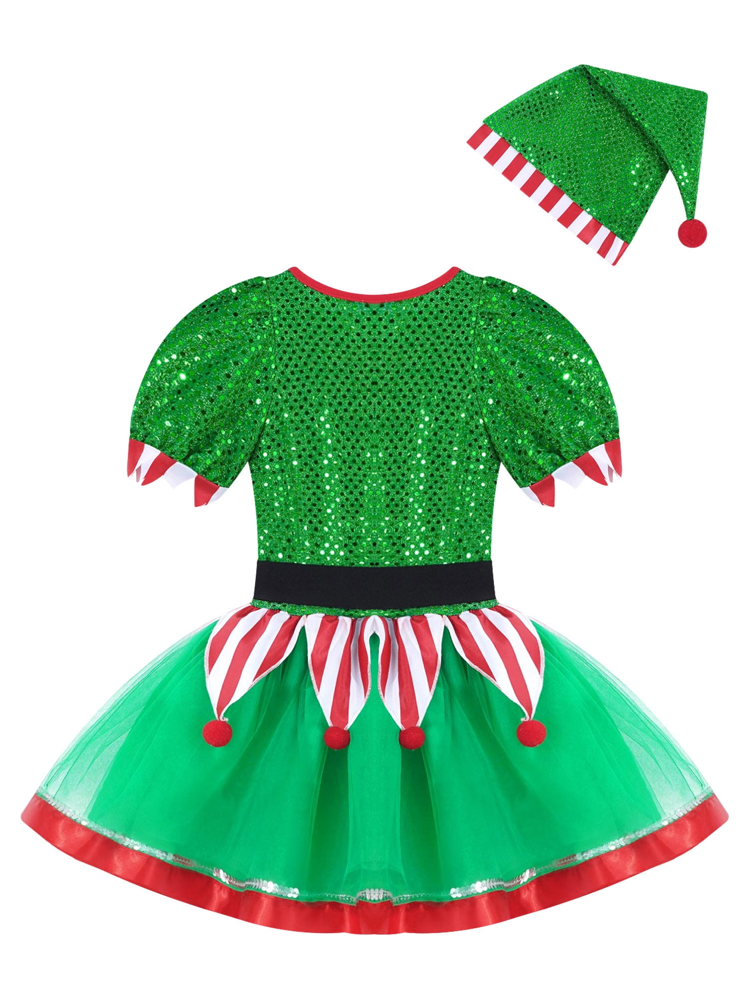 YEAHDOR Kids Little Girls Christmas Santa Elf Costume Sequins Tutu Leotard Dress with Hat Outfit Set Holiday Festive Dress Outfit Green-A 8