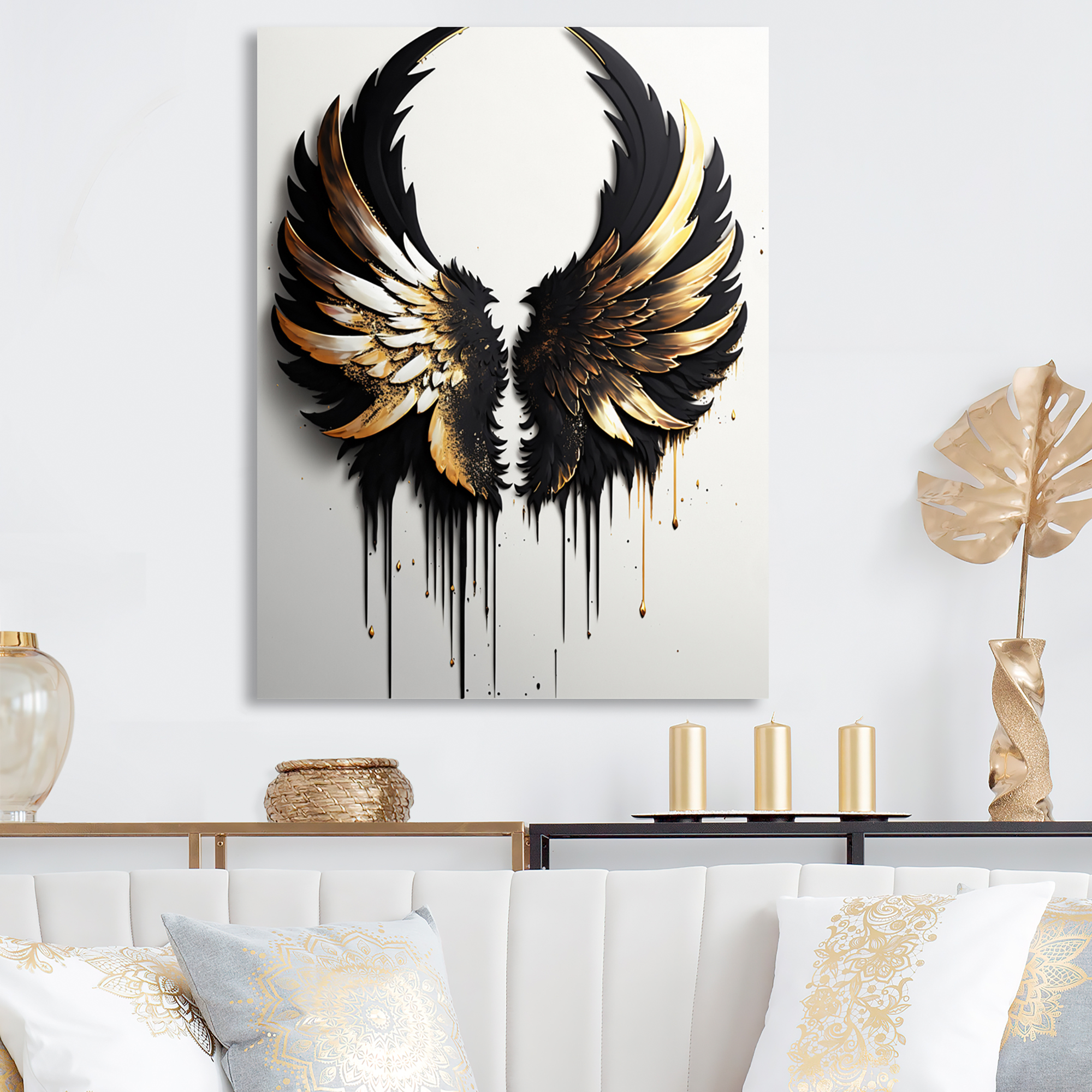 Designart Black Silver And Gold Angel Wings III Canvas Wall Art