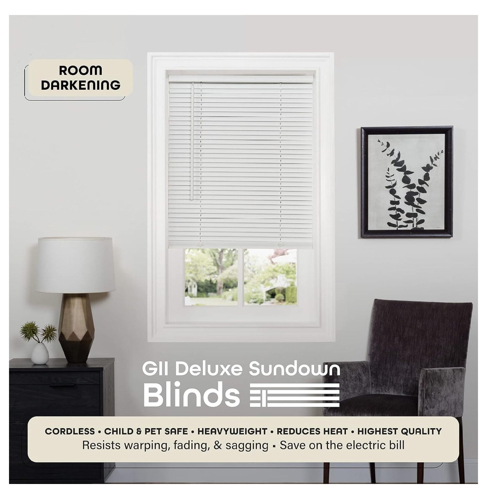 Cordless Room Darkening Mini Blind - 23 Inch Width, 64 Inch Length, 1" Slat Size - Pearl White- Cordless GII Deluxe Sundown Horizontal Windows Blinds for Interior by Achim Home Decor