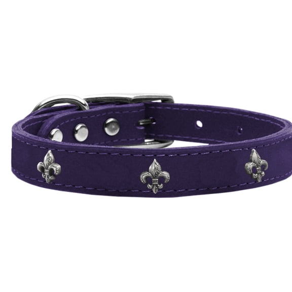 Silver Fleur De Lis Widget Genuine Leather Dog Collar Purple 26