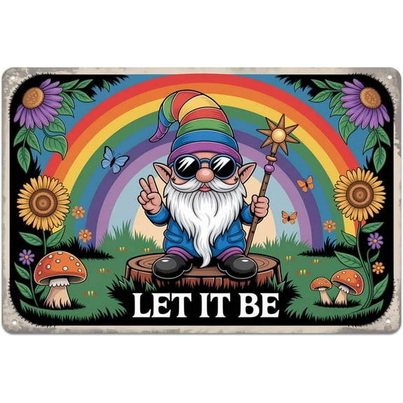 Groovy Rainbow Gnome Peace Sign tin sign, Vintage Hippie Garden Gnome Metal Sign print Aesthetic Room Decoration for Home Bedroom Kitchen Bar Dorm Bathroom Wall Decor 8 x 12 Inch