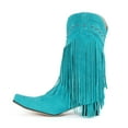 thumbnail image 5 of Wide Calf Cowboy Cowgirl Riding Boots for Women with Long Fringe Boho Studded Suede Pointed Toe Knee High Western Tall Boots Green Size 9.5, 5 of 8